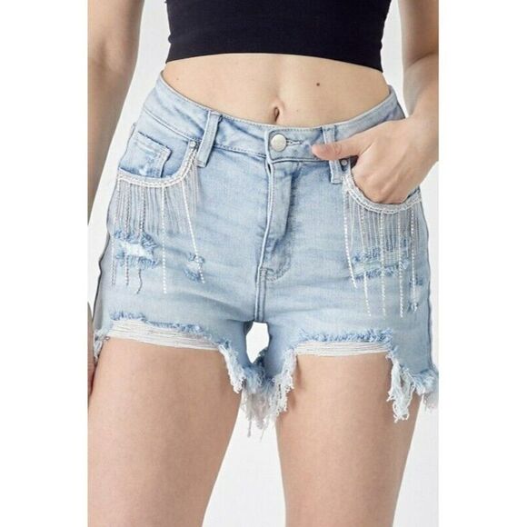 Risen Light Wash High Rise Rhinestone Diamond Western Shorts S-XL RDS6046